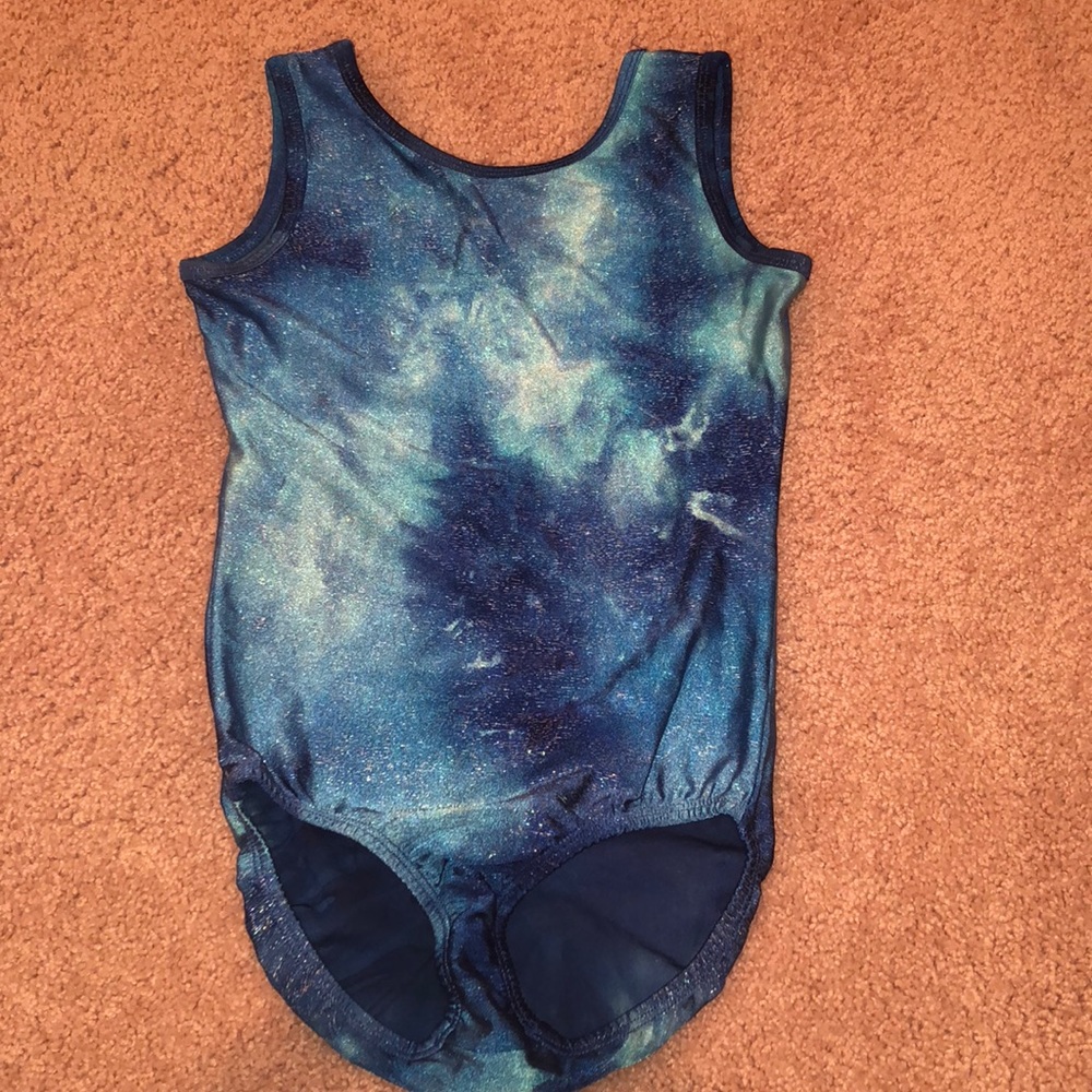 blue and silver gymnastics leotard